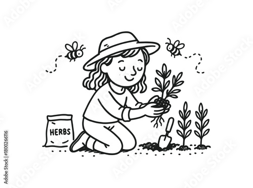 handdrawn cute doodle style woman planting herbs for pollinators vector line illustration