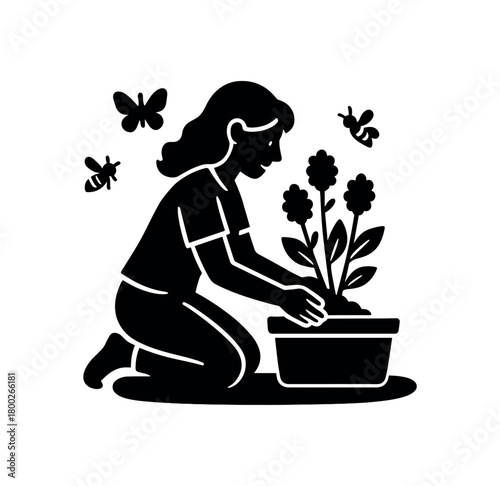 woman planting herbs for pollinators flat black solid vector illustration isolated on white background