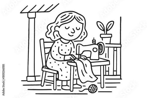 handdrawn cute doodle style woman sewing on porch vector line illustration
