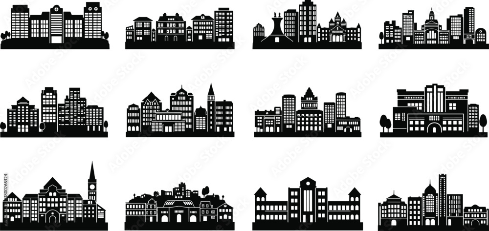 Obraz premium Collection of black silhouette city skylines and building clusters architecture urban