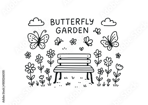 handdrawn cute doodle style butterfly garden with bench vector line illustration