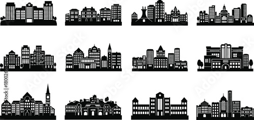 Collection of black silhouette city skylines and building clusters architecture urban