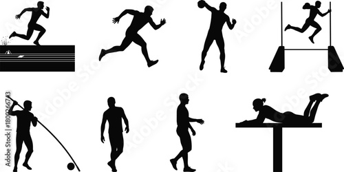 Collection of black silhouettes of athletes performing various sports running jumping