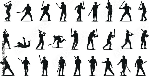 Collection of black silhouettes of baseball players in various action poses white background