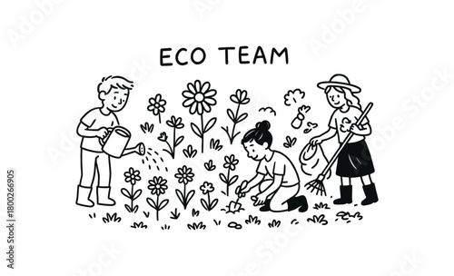 handdrawn cute doodle style eco team restoring flower meadow vector line illustration