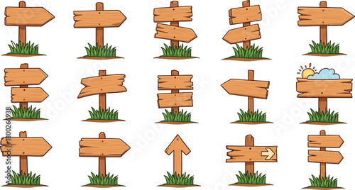 Collection of cartoon wooden directional signs with grass and sky elements wooden sign