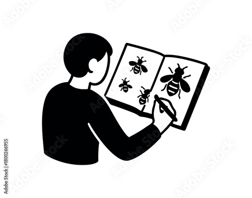 person drawing bees sketchbook flat black solid vector illustration isolated on white background