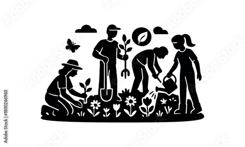 eco team restoring flower meadow flat black solid vector illustration isolated on white background