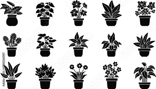 Collection of fifteen black silhouette potted plants and flowers houseplants black and white