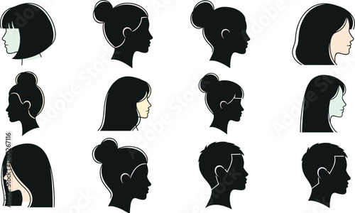 Collection of twelve diverse profile silhouette illustrations of human heads woman