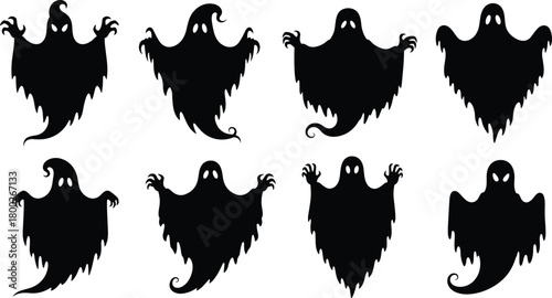 Eight Black Silhouette Ghosts With Spooky Eyes and Clawed Hands halloween scary