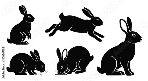 Five Black Rabbit Silhouettes in Various Poses on White Background bunny