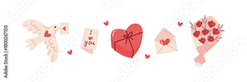 Valentine Love Elements Composition with Hearts, Flowers, Letters and Cute Bird