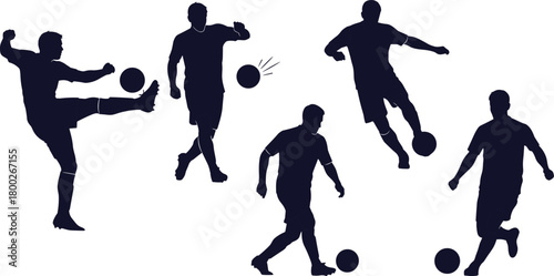 Five dark blue silhouettes of male soccer players in various action poses on a white background