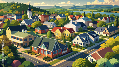 Very beautiful panoramic aerial scenery capturing the rooftops of a quiet residential neighborhood in Lambertville, New Jersey, showing neatly arranged homes, tree-lined streets, and a peaceful suburb