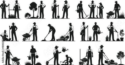 Silhouette Gardeners Performing Various Tasks with Tools and Plants gardening woman