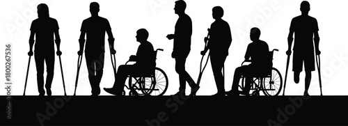 Silhouettes of people with disabilities including wheelchairs and crutches disability
