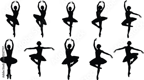 Ten black silhouettes of ballerinas in various dance poses on white background ballet