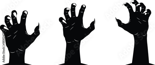 Three Black Silhouette Monster Hands with Sharp Claws Reaching Up white background