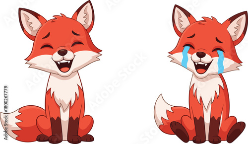 Two cartoon foxes sitting with happy and crying expressions illustration animal