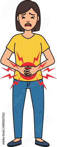 Woman holding stomach in pain with red lightning bolts indicating discomfort abdomen