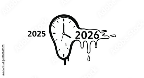 Melting clock symbolizes the passage of time from 2025 to 2026, representing change and transition.