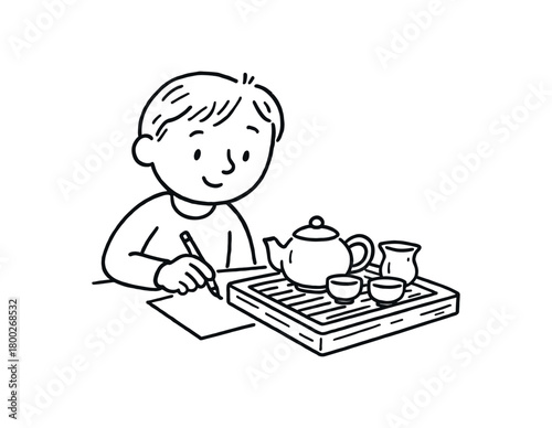 handdrawn cute doodle style person sketching tea ceremony setup vector line illustration