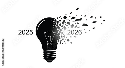 Year 2025 transforms into 2026 with a dissolving lightbulb symbolizing change and innovation