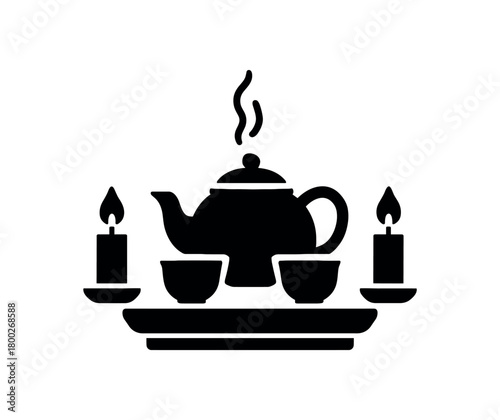 tea ceremony with candles flat black solid vector illustration isolated on white background