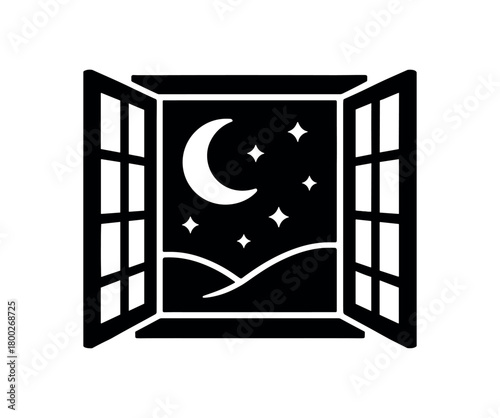 open window with moonlight flat black solid vector illustration isolated on white background