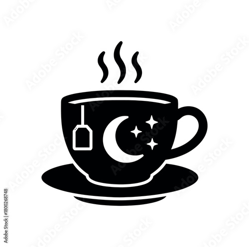 night tea cup flat black solid vector illustration isolated on white background