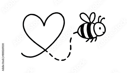 handdrawn cute doodle style bee trail heart shape vector line illustration
