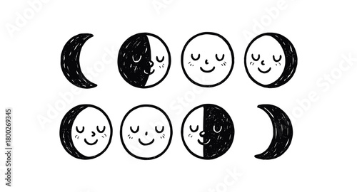 handdrawn cute doodle style moon phases vector line illustration