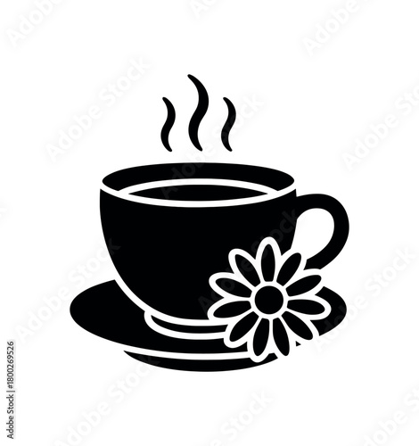 cup of chamomile tea flat black solid vector illustration isolated on white background