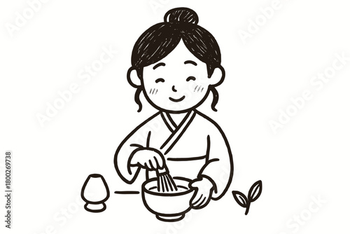 handdrawn cute doodle style japanese woman preparing matcha tea vector line illustration