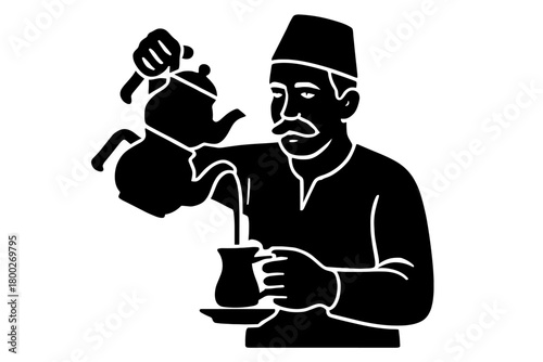turkish pouring tea from double teapot flat black solid vector illustration isolated on white background