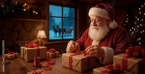 Santa Claus Wrapping Christmas Gifts in a Cozy Cabin with Reindeer Outside