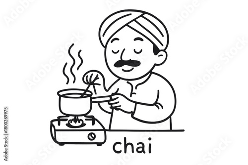 handdrawn cute doodle style indian boiling chai on stove vector line illustration