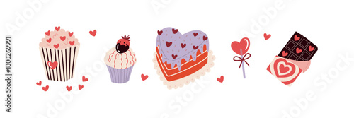 Valentines Day Dessert Composition with Cupcakes, Heart Cake, Chocolate and Sweet Treats