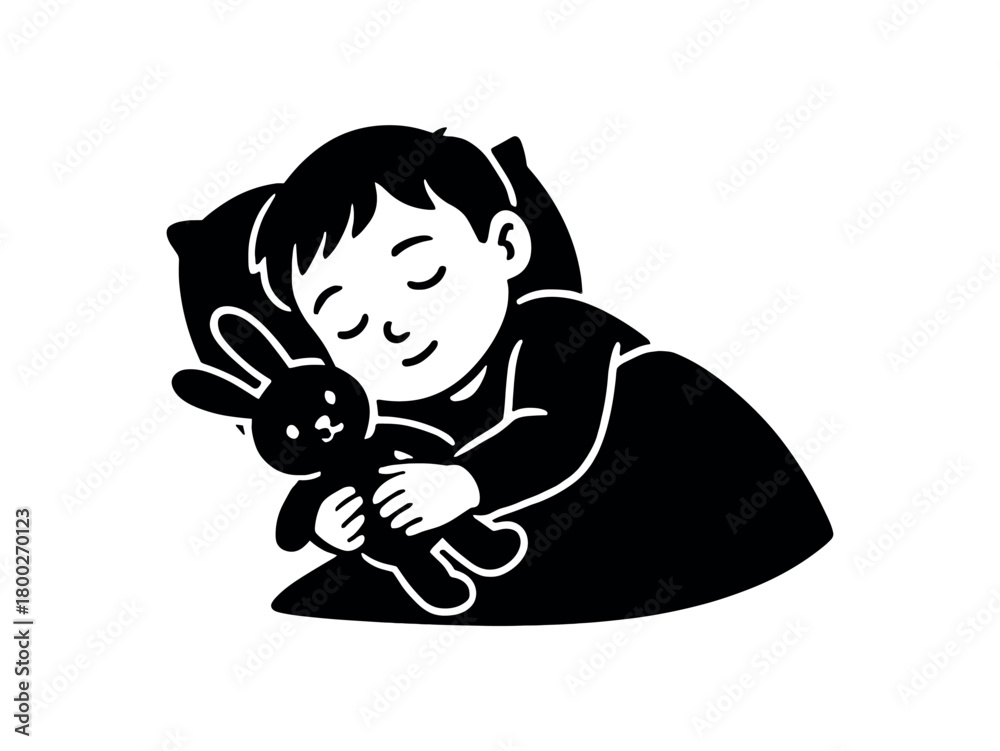 Naklejka premium sleeping child with toy flat black solid vector illustration isolated on white background