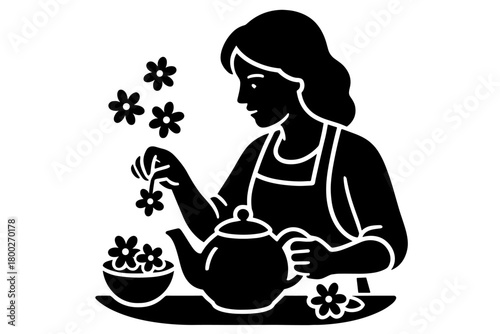 woman brewing herbal tea with flowers flat black solid vector illustration isolated on white background