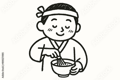 handdrawn cute doodle style japanese whisking matcha bowl vector line illustration