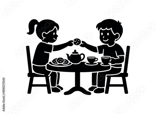 child sharing cookies at tea table flat black solid vector illustration isolated on white background