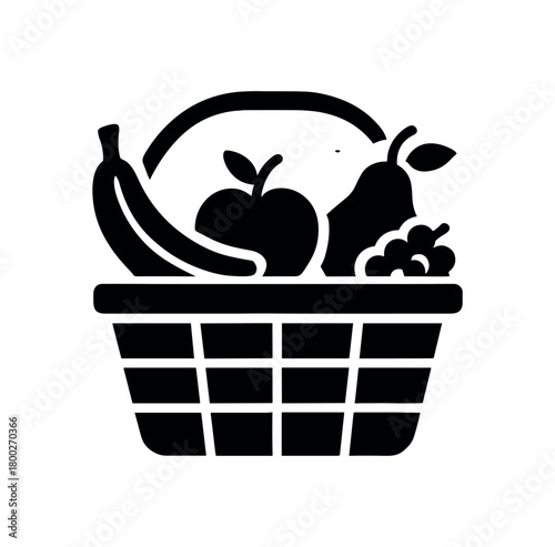 picnic basket with fruits flat black solid vector illustration isolated on white background