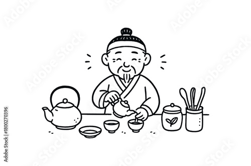handdrawn cute doodle style korean tea master preparing set vector line illustration