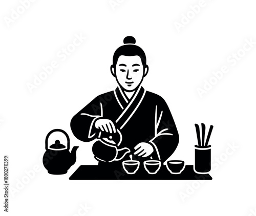 korean tea master preparing set flat black solid vector illustration isolated on white background