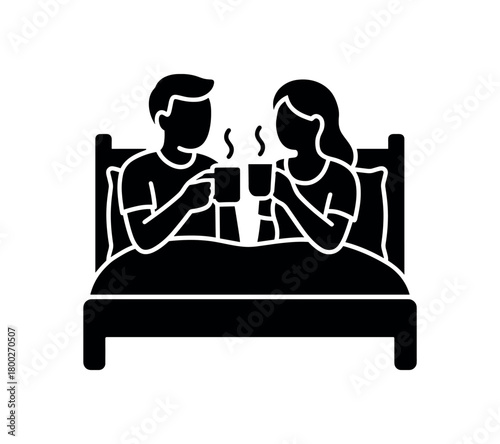couple having morning tea bed flat black solid vector illustration isolated on white background