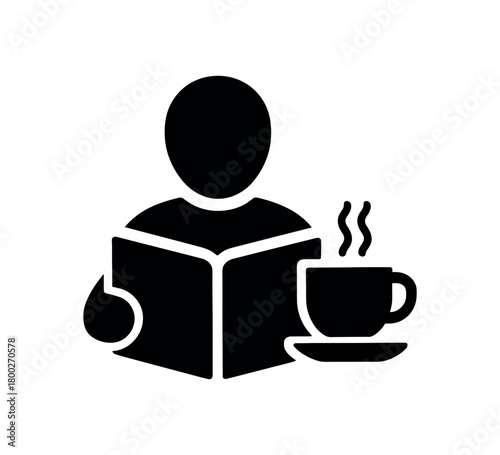 person reading book with tea cup beside flat black solid vector illustration isolated on white background