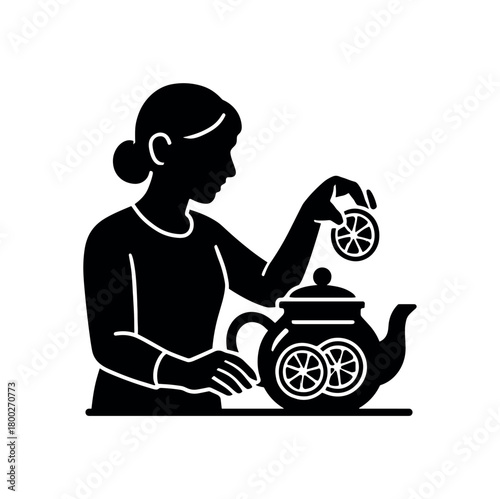 woman adding lemon slices to glass teapot flat black solid vector illustration isolated on white background