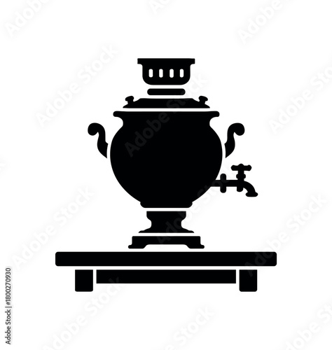 russian samovar on wooden table flat black solid vector illustration isolated on white background